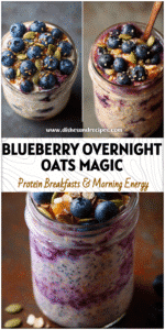 Mason jar filled with Blueberry Overnight Protein Oats topped with fruit and seeds for Quick And Easy Overnight Oats.